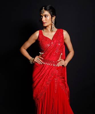 Red Shimmering Rouge Drape Saree 3