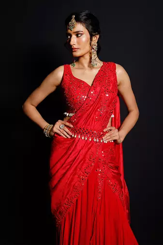 Red Shimmering Rouge Drape Saree