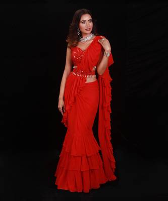 Red Shimmering Rouge Ruffle Saree 1