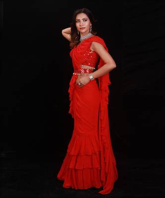Red Shimmering Rouge Ruffle Saree 2