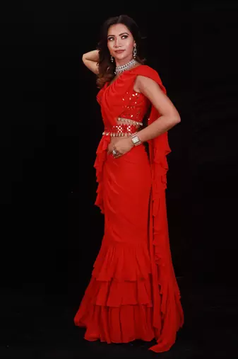 Red Shimmering Rouge Ruffle Saree