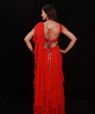 Red Shimmering Rouge Ruffle Saree 3