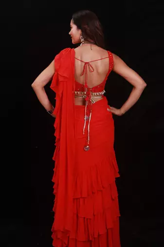 Red Shimmering Rouge Ruffle Saree