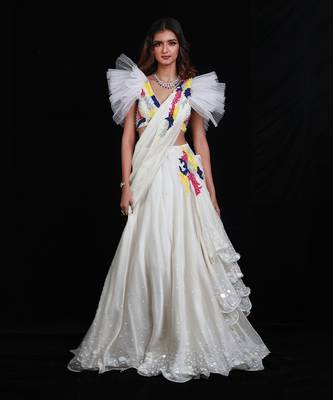 Ivory  Synchronized Scintillation Drape Saree 1