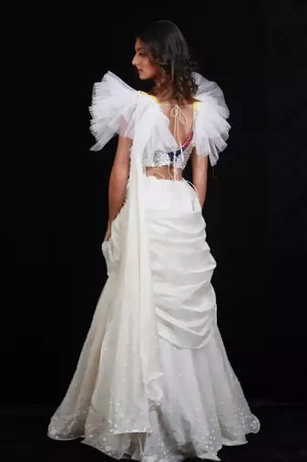 Ivory  Synchronized Scintillation Drape Saree