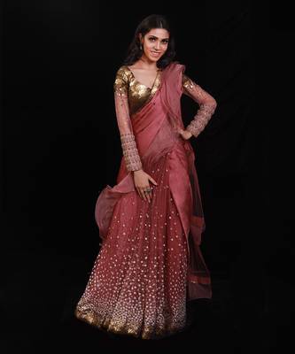 Salmon Pink Coin Ruffle Saree 1