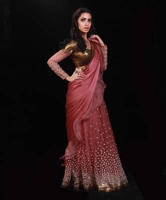 Salmon Pink Coin Ruffle Saree 2