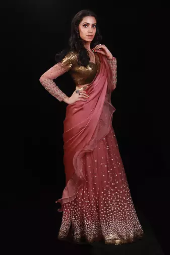 Salmon Pink Coin Ruffle Saree