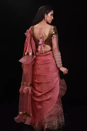 Salmon Pink Coin Ruffle Saree