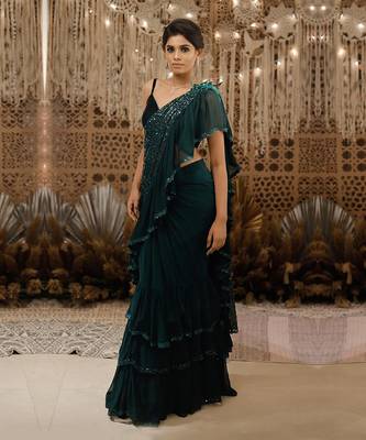 Green Shimmering Ruffle Saree 1