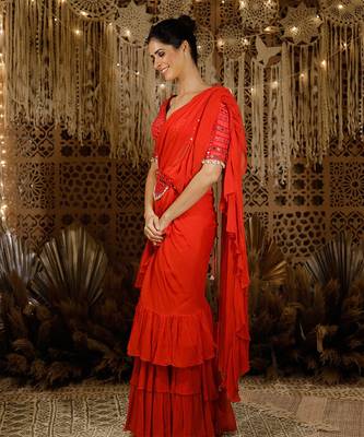 Red Mirror Ruffle Saree 2