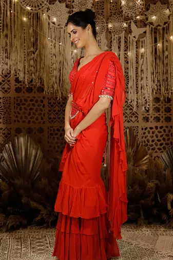 Red Mirror Ruffle Saree