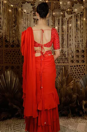 Red Mirror Ruffle Saree