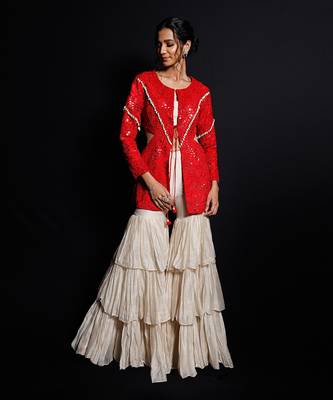 Red And Ecru Shimmering Rouge Sharara Jacket 1