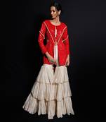 Red And Ecru Shimmering Rouge Sharara Jacket