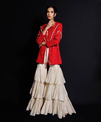 Red And Ecru Shimmering Rouge Sharara Jacket 2