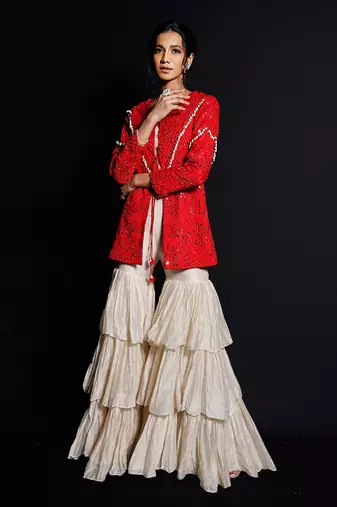 Red And Ecru Shimmering Rouge Sharara Jacket