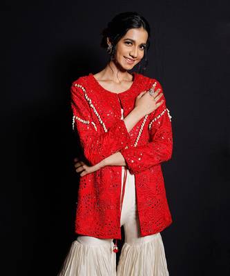 Red And Ecru Shimmering Rouge Sharara Jacket 3