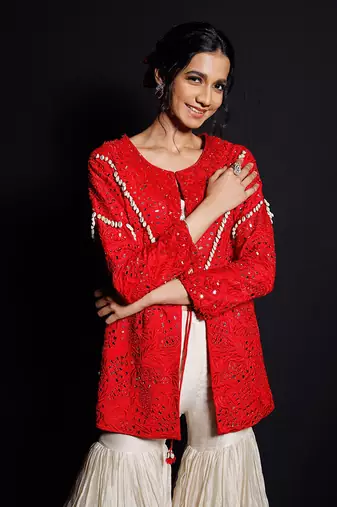Red And Ecru Shimmering Rouge Sharara Jacket