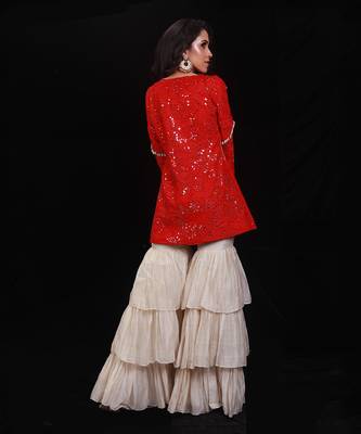 Red And Ecru Shimmering Rouge Sharara Jacket 4