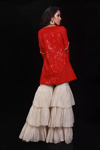 Red And Ecru Shimmering Rouge Sharara Jacket