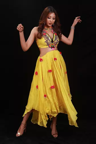 Yellow  Phoolon Ki Haldi Handkerchief Skirt Set