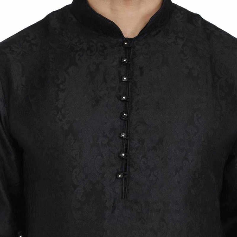 BLACK JACQUARD PRINTED STITCHED KURTA & PYJAMA
