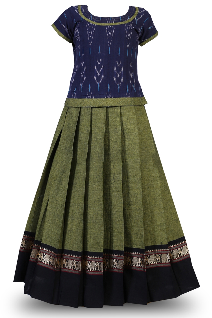 Shivangi Parrot Green cotton Long Pattu Pavadai For Girls