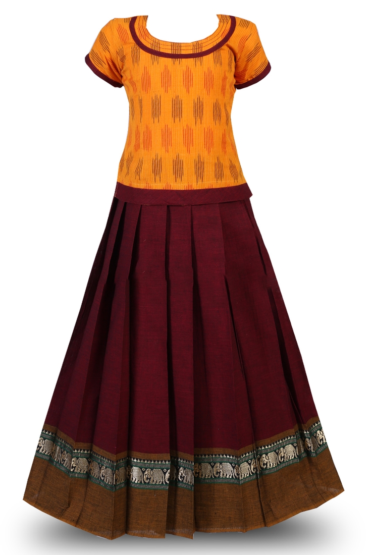 Shivangi Maroon Cotton Pattu Pavadai For Girls