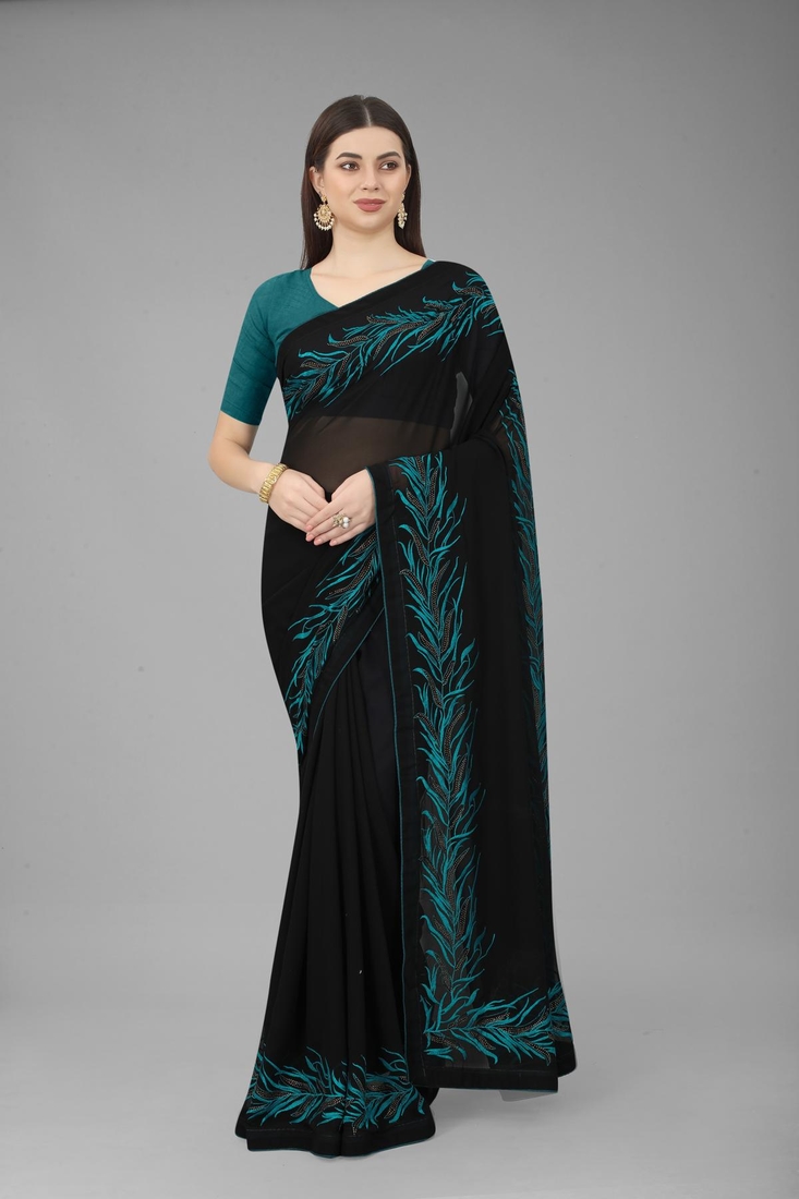 Black embroidered georgette saree with blouse