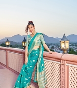 Banarasi Cotton Silk Teal Saree with Kite Design & Woven Border