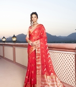 Banarasi Cotton Silk Red Saree with Kite Design & Woven Border