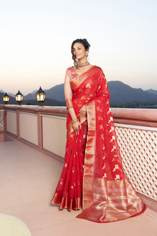 Banarasi Cotton Silk Red Saree with Kite Design & Woven Border