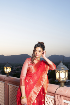 Banarasi Cotton Silk Red Saree with Kite Design & Woven Border
