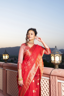 Banarasi Cotton Silk Red Saree with Kite Design & Woven Border