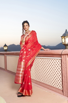Banarasi Cotton Silk Red Saree with Kite Design & Woven Border 5