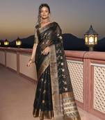 KORAMS DESIGN BANARASI COTTON SILK BLACK KITE DESIGN WEAVING BORDER FESTIVE CASUAL WEAR SAREE WITH BLOUSE 