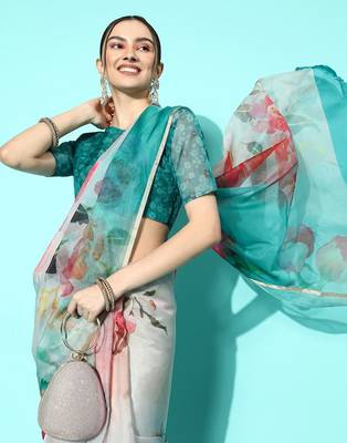 Green printed faux organza saree  1