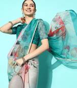 Green printed faux organza saree 