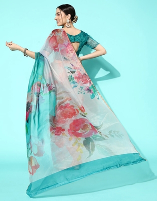 Green printed faux organza saree  3