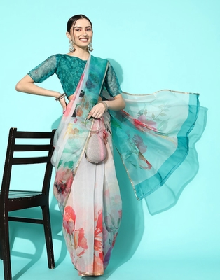 Green printed faux organza saree  4