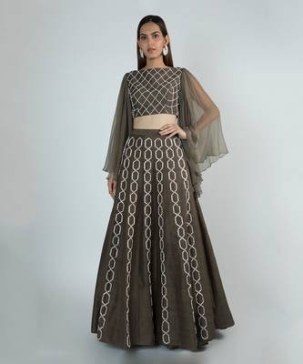 OLIVE GREEN EMBROIDERED LEHENGA SKIRT WITH TOP 1