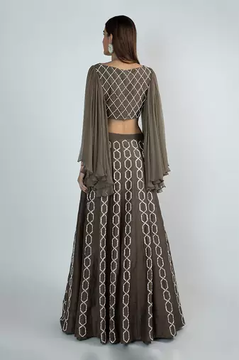 OLIVE GREEN EMBROIDERED LEHENGA SKIRT WITH TOP