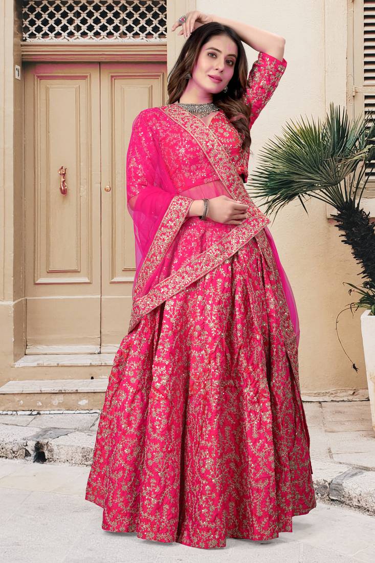 Pink Sequins Embroidered Silk Semi Stitched Lehenga Choli For Wedding