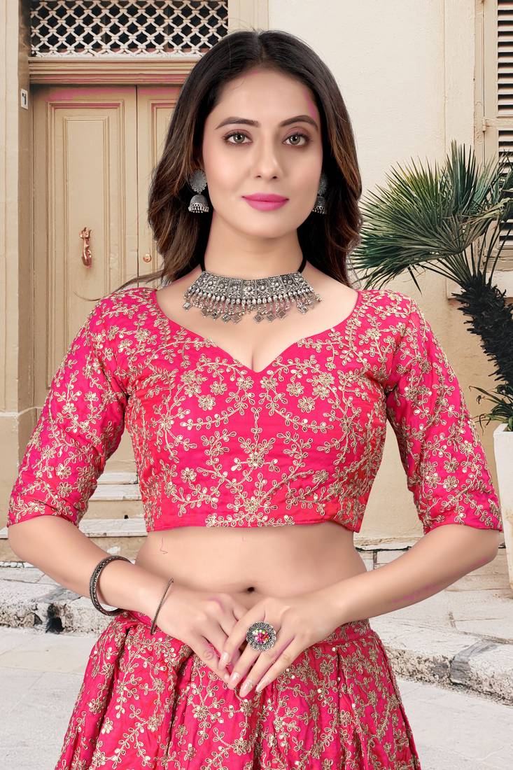 Pink Sequins Embroidered Silk Semi Stitched Lehenga Choli For Wedding