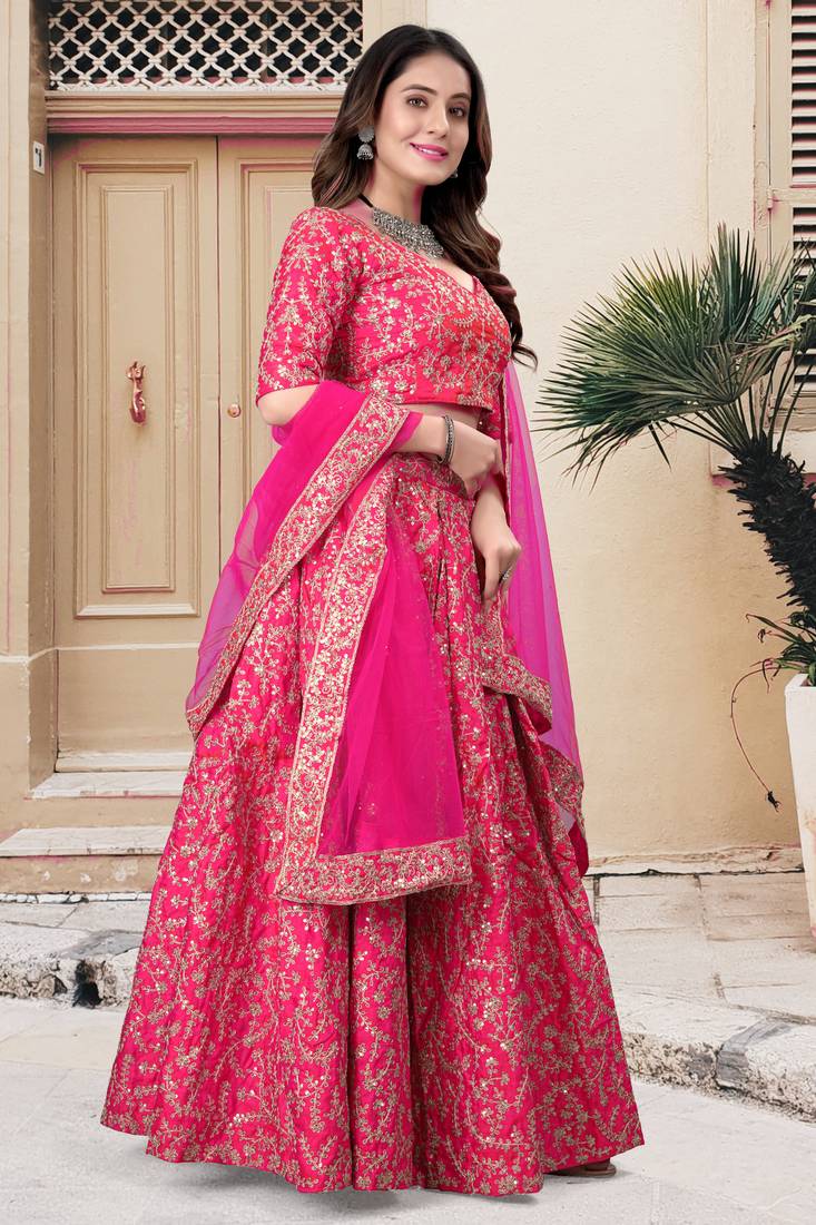 Pink Sequins Embroidered Silk Semi Stitched Lehenga Choli For Wedding