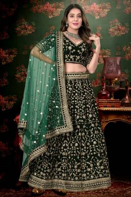 Green Cord Worked Velvet Semi Stitched Indian Wedding Lehenga Dress 1