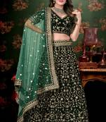 Green Cord Worked Velvet Semi Stitched Indian Wedding Lehenga Dress