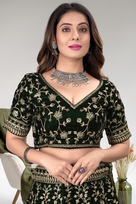 Green Cord Worked Velvet Semi Stitched Indian Wedding Lehenga Dress 2