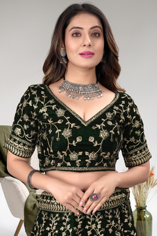 Green Cord Worked Velvet Semi Stitched Indian Wedding Lehenga Dress